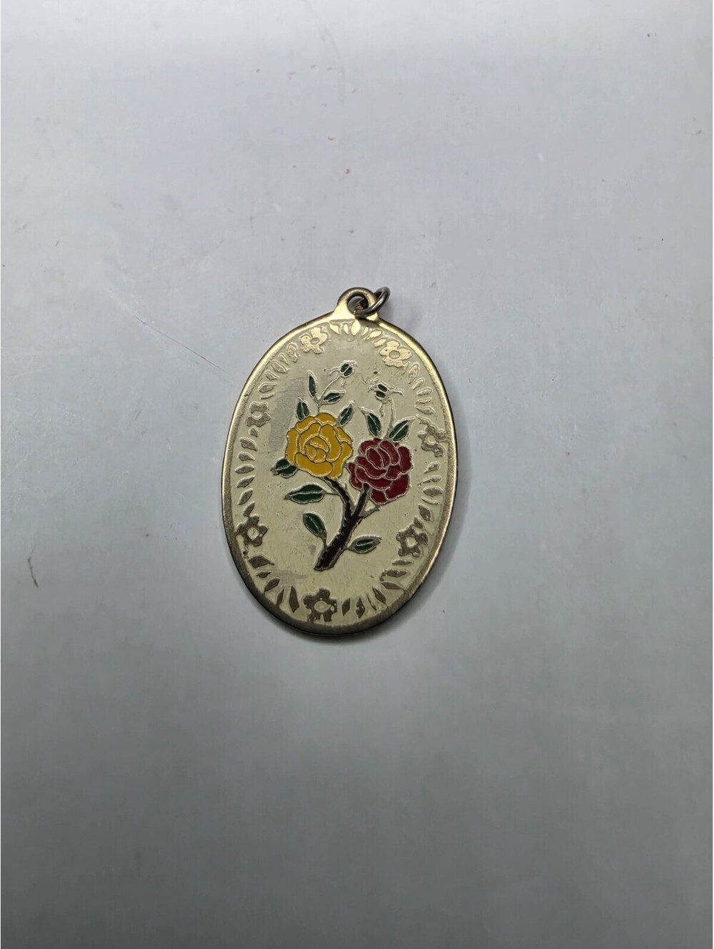 Vintage Taiwan ROC Enamel Rose Floral Oval Pendant Gold Tone